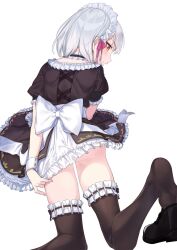 1girl alternate_costume apron back black_dress black_thighhighs blush breasts choker coffeekite commentary dress enmaided fate/grand_order fate/grand_order_arcade fate_(series) feet frills highres kama_(fate) kama_(mistake)_(fate) kama_(mistake)_(second_ascension)_(fate) kneeling leg_up looking_at_viewer looking_back maid maid_headdress puffy_short_sleeves puffy_sleeves red_eyes shoes short_hair short_sleeves small_breasts solo thighhighs thighs unworn_shoes white_apron white_hair wrist_cuffs zettai_ryouiki