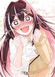 +_+ 1girl absurdres azki_(4th_costume)_(hololive) azki_(hololive) blush brown_dress brown_hair colored_inner_hair dress fang highres hololive looking_at_viewer mole mole_under_eye multicolored_hair open_mouth pink_hair smile solo sparkle streaked_hair tonarikeru virtual_youtuber white_dress white_hair