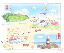 1girl aircraft airplane arrow_(symbol) artist_request bird black_eyes blue_sky blunt_bangs boat border bow bowtie capelet cat chibi chinese_commentary chinese_text cloud commentary_request day dotted_line dress ear_covers eyelashes floating_hair flower frilled_sleeves frills grass hand_on_own_head highres hood hood_up hooded_capelet light_blush lighthouse long_hair long_sleeves momo_(nikki) multiple_views nikki_(nikki) nikki_(series) notice_lines ocean official_art open_mouth outdoors path paw_print pinafore_dress pink_dress pink_hair red_bow red_bowtie road rock seagull second-party_source shining_nikki shirt sky sleeveless sleeveless_dress smile teeth text_messaging traditional_bowtie translation_request tree turn_pale upper_teeth_only vomiting_rainbows watercraft waves whiskers white_border white_cat white_flower white_shirt yellow_bird yellow_capelet
