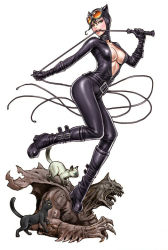 1girl animal animal_ears animification batman batman_(series) belt black_hair bodysuit boots breasts cape cat catwoman claws cleavage clenched_teeth collar dc_comics fake_animal_ears female_focus full_body gargoyle gloves goggles goggles_on_head green_eyes high_heels hood knee_boots leg_lift lipstick looking_at_viewer makeup mouth_hold muscular naughty_face no_bra open_clothes open_mouth platform_footwear selina_kyle shoes simple_background skin_tight solo standing standing_on_one_leg statue strap superhero_costume teeth tongue torn_clothes unzipped weapon whip white_background yamashita_shun&#039;ya zipper
