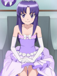 10s 1girl elbow_gloves gloves gurasan_(happinesscharge_precure!) happinesscharge_precure! haruyama_kazunori hikawa_iona long_hair looking_at_viewer panties precure purple_eyes purple_hair shell sitting smile underwear white_gloves