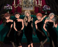 5girls armband black_dress black_hair blonde_hair blue_eyes breasts brown_hair candle chandelier chianti_(meitantei_conan) cigarette cleavage collarbone curacao_(meitantei_conan) curtains dress elbow_gloves evening_gown flower_pot formal_clothes gloves green_eyes grey_hair grin hand_on_own_chin highres holding holding_cigarette indoors jewelry lace lace-trimmed_dress lace_gloves lace_trim looking_at_viewer matching_outfits meitantei_conan miyano_shiho mizunashi_rena multiple_girls necklace off-shoulder_dress off_shoulder orange_hair parted_bangs picture_frame ponytail segami short_hair sitting smile smoke smoking vermouth_(meitantei_conan)