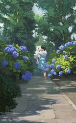 1girl animal black_hair blue_skirt bush dappled_sunlight dated day dog flower gugugu703 high-waist_skirt highres holding holding_animal holding_dog korean_commentary medium_skirt original outdoors plant purple_flower sandals shirt short_sleeves skirt solo standing stone_walkway sunlight tree white_shirt wide_shot