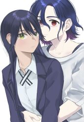 1boy 1girl black_hair blue_hair blush collared_shirt colored_inner_hair gundam gundam_gquuuuuux highres hug hug_from_behind jacket long_hair looking_at_viewer lower_eyelashes_only momoshny multicolored_hair nyaan_(gundam_gquuuuuux) purple_hair red_eyes school_uniform shirt short_hair shuji_ito simple_background two-tone_hair upper_body white_background white_shirt yellow_eyes