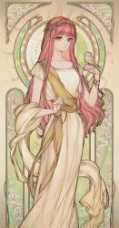 1girl absurdres art_nouveau artist_request bird bird_on_hand blunt_bangs brown_background card_(medium) cherry_blossoms chinese_commentary commentary_request feet_out_of_frame floral_background flower greco-roman_clothes green_background highres laurel_crown long_hair looking_at_animal mixed-language_commentary nikki_(nikki) nikki_(series) pink_hair rose sash shawl short_sleeves solo spanish_commentary sun_symbol toga two-tone_background very_long_hair wavy_hair white_bird white_flower white_shawl yellow_flower yellow_rose yellow_sash