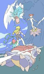 2girls adapted_costume artist_request asymmetrical_hair blastoise breasts cowboy_shot gen_1_pokemon green_eyes gyarados gym_leader ivysaur legs misty_(pokemon) multiple_girls navel nintendo one-piece_swimsuit orange_hair pokemon pokemon_(creature) pokemon_rgby ponytail red_hair samurai_armor shirt short_hair side_ponytail source_request starmie surfing swimsuit water waves white_one-piece_swimsuit