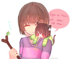 2others :3 ^_^ animal_ear_fluff animal_ears blunt_bangs blunt_ends bob_cut brown_hair brown_tail cat_ears cat_tail chara_(undertale) chibi chibi_on_shoulder closed_eyes commentary dayuh english_text fang flying_sweatdrops frisk_(undertale) green_sweater hand_up holding holding_stick kemonomimi_mode leaf multiple_others no_pupils open_mouth other_focus parted_lips pink_sweater purple_sweater red_eyes short_hair speech_bubble stick striped_clothes striped_sweater sweater tail tumblr_username two-tone_sweater undertale upper_body yellow_sweater