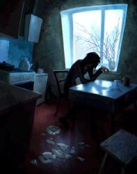Rule 34 | 1boy, against table, arm up, atmospheric perspective, broken plate, cigarette, cup, dark, dim lighting, glowing, highres, holding, holding cigarette, homicipher, indoors, kettle, kitchen, leaning forward, long hair, male focus, messy hair, mr. crawling, mug, on chair, oven, plant, plate, potted plant, rug, shadow, silhouette, sitting, smoke, smoking, solo, squalid114617, table, window light, wooden chair