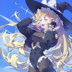 2girls absurdres alternate_costume alucard_pie black_gloves black_hat black_jacket black_leotard blonde_hair blue_sky bodystocking bow braid breasts buttons cloud cloudy_sky covered_navel cowboy_shot fingerless_gloves floating_hair flying frilled_leotard frills gloves hand_in_own_hair hands_up hat hat_bow highres jacket kirisame_marisa leotard long_hair long_sleeves looking_afar medium_breasts multiple_girls necktie open_mouth purple_necktie shameimaru_aya side_braid sky smile solo_focus touhou very_long_hair white_bow wings witch_hat yellow_eyes