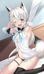 1girl absurdres animal_ears armpits black_thighhighs blue_ribbon braid breasts detached_sleeves fox_ears fox_girl fox_tail hair_between_eyes highres hololive jungki_dr long_hair open_mouth ribbon ribbon-trimmed_sleeves ribbon_trim shirakami_fubuki single_thighhigh solo tail thighhighs virtual_youtuber waking_up