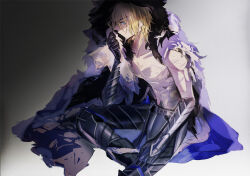 Rule 34 | 1boy, arm up, armor, armored legwear, black fur, blonde hair, blue cape, blue eyes, boots, cape, collarbone, covered mouth, covering own mouth, dimitri alexandre blaiddyd, dimitri alexandre blaiddyd (timeskip), eyepatch, faulds, fire emblem, fire emblem: three houses, fur-trimmed boots, fur-trimmed cape, fur trim, hair behind ear, looking at viewer, male focus, medium hair, multiple scars, nintendo, one eye covered, pectorals, scar, scar on arm, scar on chest, sitting, solo, topless male, tsukimura noe, white fur