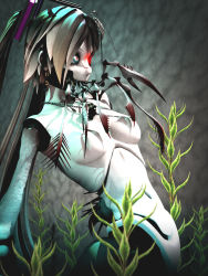 1girl 3d android antennae aqua_eyes bone breasts calne_ca_(deino) chain chelicerae compound_eyes cowboy_shot creepy crustacean deino_(deino3330) doll_joints earrings female_focus glowing glowing_eye groin heterochromia highres isopod jewelry joints long_hair midriff necklace pincers plant seaweed skull_necklace solo stinger topless_female very_long_hair vocaloid