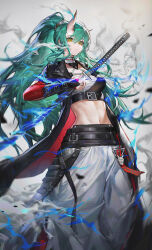 Rule 34 | 1girl, absurdres, arknights, belt, black belt, black jacket, blue fire, breasts, chest sarashi, chinese commentary, closed mouth, commentary request, crop top, expressionless, eyeliner, fire, flaming sword, flaming weapon, floating hair, grey hair, grey skirt, hand up, highres, holding, holding sheath, holding sword, holding weapon, horns, hoshiguma (arknights), hoshiguma the breacher (arknights), jacket, katana, kulianrentizhong, large breasts, long hair, looking at viewer, makeup, midriff, navel, official alternate costume, ponytail, red eyeliner, sarashi, sheath, skirt, smoke, solo, standing, sword, two-sided fabric, two-sided jacket, unsheathing, very long hair, weapon, white background, yellow eyes