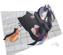 1girl absurdres black_hair black_hoodie black_horns blue_archive cat cat_shadow_puppet_(meme) commentary dated different_shadow from_behind grey_hair grey_halo halo highres hood hoodie horns kayoko_(blue_archive) long_hair meme orange_cat pink_skirt ponytail signature siience skirt solo squatting