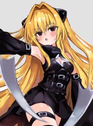 1girl baru_4416 black_dress black_sleeves blonde_hair blush breasts character_request cleavage commentary_request cowboy_shot detached_sleeves dress hair_between_eyes hair_intakes hair_ornament konjiki_no_yami messy_bangs open_mouth pleated_skirt red_eyes simple_background skirt small_breasts solo thigh_strap to_love-ru to_love-ru_darkness
