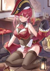 1girl bicorne black_hat black_leotard black_thighhighs blurry blurry_background breasts cleavage coat coin covered_collarbone covered_navel cropped_jacket foot_out_of_frame hat heterochromia highres hololive houshou_marine houshou_marine_(1st_costume) kag_tsukimi lamp large_breasts leotard long_hair looking_at_viewer pirate_hat red_eyes red_hair see-through_clothes see-through_leotard skull sleeveless sleeveless_jacket solo table thighhighs twintails virtual_youtuber yellow_eyes