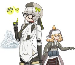 &gt;:) absurdres ascot bedroll belt beret blonde_hair bow bowtie brown_skirt brown_vest buck_teeth catahuct coat colored_eyelashes dushevnaya_(girls&#039;_frontline_2) earmuffs fur-trimmed_coat fur_trim girls&#039;_frontline girls&#039;_frontline_2:_exilium glasses gloves green_coat grey_eyes grey_hair hair_ornament hat highres holding holding_toy humanoid_robot joints ksvk_(girls&#039;_frontline) littara_(girls&#039;_frontline_2) long_hair looking_at_viewer mechanical_arms navel nerd_emoji pig robot robot_joints scarf short_hair simple_background skirt star_(symbol) suomi_(girls&#039;_frontline) suomi_(girls&#039;_frontline_2) teeth toy ushanka v-shaped_eyebrows vest white_background wkp_(girls&#039;_frontline)