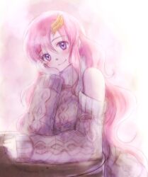 1girl blush detached_sleeves grey_sweater gundam gundam_seed hand_on_own_cheek hand_on_own_face head_tilt highres kana_(krlc05180205) lacus_clyne long_hair looking_at_viewer pink_hair sitting sleeveless sleeveless_sweater solo sweater table very_long_hair watermark