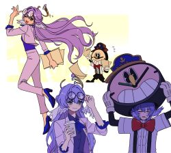 1boy 1girl absurdres arms_up black-framed_eyewear black_shoes black_shorts blue_neckerchief blue_shoes blush blush_stickers bow bowtie brother_and_sister buttons cha_rur_u character_costume clockie_(honkai:_star_rail) closed_eyes closed_mouth collared_shirt commentary_request cup disposable_coffee_cup disposable_cup earrings feathered_wings fingernails floating_hair flying_sweatdrops formal_clothes from_side full_body glasses gloves gold_earrings green_eyes grey_hair hair_between_eyes hair_bun halo hands_up head_wings high_heels highres holding holding_cup holding_paper honkai:_star_rail honkai_(series) jacket jewel_under_eye jewelry lapels leg_up long_hair long_sleeves looking_at_another looking_at_viewer multiple_views musical_note_ornament nail_polish neckerchief one_eye_closed open_clothes open_jacket open_mouth pants paper pink_nails purple_hair purple_shirt red_bow red_bowtie robin_(honkai:_star_rail) round_eyewear shirt shoes short_hair short_sleeves shorts siblings sidelocks smile standing standing_on_one_leg suit suit_jacket sunday_(honkai:_star_rail) suspender_shorts suspenders sweat upper_body wavy_hair white_gloves white_jacket white_pants white_shirt wings