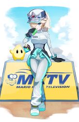 1girl baseball_cap black_gloves blonde_hair blue_eyes breasts can clothes_around_waist crossed_legs drink_can earrings full_body gloves hair_over_one_eye hat highres jewelry large_breasts leaning_on_object long_hair long_sleeves luma_(mario) mario_(series) mario_kart mario_kart_world nintendo pants ponytail rosalina rosalina_(pro_racer) shirt star_(symbol) star_earrings sweatdrop tight_clothes tight_shirt umarak