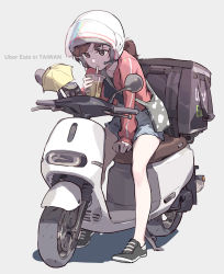 1girl backpack bag black_shirt black_shoes blue_shorts brown_eyes brown_hair cellphone drinking english_text full_body green_bag grey_background helmet highres jacket looking_at_phone motor_vehicle motorcycle motorcycle_helmet original phone pink_jacket ponytail scooter shirt shoes shorts simple_background smartphone sneakers solo taiwan tennohi uber_eats vehicle_focus