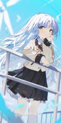 1girl :/ absurdres against_railing angel_beats! black_skirt blazer blue_sky coria day hand_on_railing head_rest highres jacket layered_skirt long_hair looking_to_the_side outdoors railing school_uniform skirt sky socks solo tachibana_kanade white_hair white_socks yellow_eyes yellow_jacket