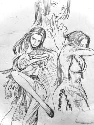 1girl boa_hancock breasts cape cleavage commentary_request dress earrings epaulettes greyscale highres jewelry leg_up long_hair looking_at_viewer monochrome multiple_views one_piece sash side_slit sidelocks snake_earrings solo ttarru1125