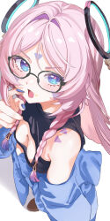 123456789xxxx 1girl absurdres blue_eyes breasts citlali_(genshin_impact) cleavage crumbs facial_mark floating_headgear forehead_mark genshin_impact glasses hair_intakes headgear highres looking_at_viewer medium_breasts pink_pupils solo triangle triangle_facial_mark