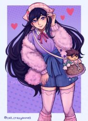 1girl basket black_hair blue_shorts border bright_pupils buttons character_doll closed_mouth commentary crazyanime3 doll double-parted_bangs english_commentary eyebrows_hidden_by_hair feet_out_of_frame fingernails floral_print flower fur_jacket grey_border hair_behind_ear hair_between_eyes hakama hakama_shorts hand_on_own_thigh hand_up heart heart_background hero_(faraway)_(omori) hero_(omori) highres holding holding_own_hair jacket japanese_clothes kneehighs leaning_to_the_side lily_of_the_valley lips long_hair long_sleeves looking_at_viewer mari_(faraway)_(omori) mari_(omori) neck_ribbon official_alternate_costume omori outside_border pink_jacket pink_socks pink_thighhighs puffy_long_sleeves puffy_sleeves purple_background purple_eyes purple_shirt red_ribbon ribbed_socks ribbon shirt shirt_tucked_in shorts simple_background smile socks solo standing thighhighs twitter_username very_long_hair watermark white_flower white_pupils