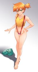 1boy chastity_cage flat_chastity_cage full_body genderswap genderswap_(ftm) green_eyes highres looking_at_viewer male_focus misty_(pokemon) navel nintendo nub_chastity_cage orange_hair pokemon pokemon_(anime) pokemon_(classic_anime) precum shirt short_hair side_ponytail small_chastity_cage smile solo standing suiren_ciao suspenders tank_top testicles trap uncensored yellow_shirt yellow_tank_top