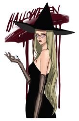 1girl black_dress black_lips blonde_hair blood blood_on_face commentary dress elbow_gloves eyeshadow glasses gloves halloween hat highres holding_eyeball kalifa_(one_piece) long_hair makeup one_piece popsweetyio smile solo strapless strapless_dress witch witch_hat
