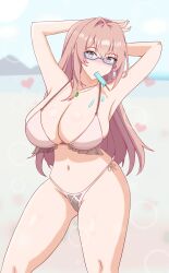 Rule 34 | 1girl, absurdres, armpits, arms up, beach, bikini, blue-framed eyewear, blue sky, blush, breasts, cleavage, cloud, cloudy sky, collarbone, eyebrows hidden by hair, food, food in mouth, glasses, heart, highres, jewelry, large breasts, looking at viewer, melting popsicle, mountain, necklace, ocean, pink bikini, pink hair, pink nails, popsicle, popsicle in mouth, purple eyes, sand, sky, solo, standing, swimsuit, thighs, tsukishiro yanagi, twilthero, zenless zone zero