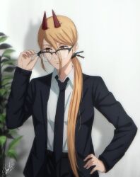 1girl adjusting_eyewear black_jacket black_necktie black_suit chainsaw_man commentary cross-shaped_pupils formal_clothes frown glasses hair_between_eyes hand_on_own_hip highres horns jacket laillnii long_hair necktie orange_eyes over-rim_eyewear plant ponytail power_(chainsaw_man) red_horns semi-rimless_eyewear solo suit symbol-shaped_pupils very_long_hair