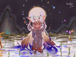 1girl arknights bare_shoulders bead_bracelet bead_necklace beads bracelet brooch closed_eyes closed_mouth dragon_girl dragon_horns earrings eastern_dragon_horns full_moon hair_between_eyes highres holding holding_sword holding_weapon horns jewelry long_hair long_sleeves moon necklace night night_sky noyabr_(yinzhizhen) pointy_ears religious_offering rice_(plant) rice_paddy shu_(arknights) sky smile solo strapless sword tassel tube_top weapon white_tube_top