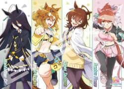 4girls agnes_tachyon_(umamusume) ahoge animal_ears black_coat black_dress black_gloves black_hair black_pants black_pantyhose black_skirt blue_skirt braid breasts brown_hair closed_mouth coat collarbone collared_shirt dantsu_flame_(umamusume) dot_nose dress english_text female_focus flat_chest gloves green_shoes green_socks hair_between_eyes hair_ornament highres horse_ears horse_girl horse_tail jacket jungle_pocket_(umamusume) large_breasts long_hair long_sleeves looking_at_viewer manhattan_cafe_(umamusume) midriff miniskirt multiple_girls navel necktie official_art open_mouth orange_eyes orange_hair pants pants_under_shorts pantyhose pink_shoes pink_shorts pleated_skirt ponytail red_eyes scan shirt shoes short_hair shorts skirt sleeves_past_fingers sleeves_past_wrists small_breasts smile socks stomach sweater sweater_vest tail teeth three-quarter_sleeves umamusume umamusume:_beginning_of_a_new_era upper_teeth_only very_long_sleeves vest white_coat white_jacket yellow_eyes yellow_jacket yellow_sweater yellow_sweater_vest yellow_vest