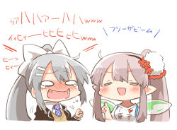 2girls :d black_jacket blazer blush bow brown_cardigan brown_hair cardigan chibi collared_shirt elf elu_(1st_costume)_(nijisanji) elu_(nijisanji) fairy_wings green_wings grey_hair hair_bow hand_up high_ponytail higuchi_kaede higuchi_kaede_(1st_costume) i_heart... index_finger_raised jacket long_hair long_sleeves multiple_girls necktie nijisanji nose_blush open_clothes open_jacket open_mouth pointy_ears ponytail purple_necktie rebecca_(keinelove) school_uniform shirt side_ponytail simple_background smile tears translation_request upper_body virtual_youtuber white_background white_bow white_shirt wide_oval_eyes wings