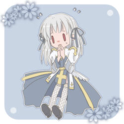1girl arch_bishop_(ragnarok_online) black_shoes blue_background blue_ribbon commentary_request cross dated_commentary dress fishnet_thighhighs fishnets flying_sweatdrops frilled_thighhighs frills full_body grey_hair hair_ribbon juliet_sleeves long_hair long_sleeves looking_at_viewer lowres notice_lines open_mouth own_hands_together puffy_sleeves ragnarok_online red_eyes ribbon sash sharari shoes solid_oval_eyes solo thighhighs two-tone_dress white_dress white_thighhighs yellow_sash