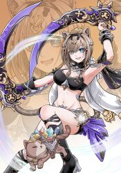 1girl absurdres animal_ears armpits bikini bikini_top_only black_bikini black_boots black_hairband black_shorts blue_eyes blunt_bangs boots breasts brown_hair can_(honkai_impact) cat cat_ears cat_girl cat_tail commentary english_commentary gem green_eyes hairband heterochromia high_heel_boots high_heels highres holding holding_weapon honkai_(series) honkai_impact_3rd medium_breasts navel pardofelis pardofelis_(reverist_calico) ryunato_al_fazh short_hair_with_long_locks shorts stomach swimsuit tail thigh_boots thighs weapon zoom_layer