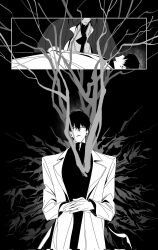 2boys :| bare_tree benkdjjituibot black_background black_cloak black_hair black_skirt branch cloak closed_eyes closed_mouth coat collared_shirt greyscale growing_out_of_body hair_between_eyes hair_over_eyes hands_on_own_chest highres hood hood_up inset_border kim_dokja kneeling lying monochrome multiple_boys multiple_views omniscient_reader&#039;s_viewpoint on_back out_of_frame outside_border secretive_plotter shirt skirt tree white_coat
