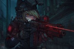 1girl assault_rifle brown_hair carl_tabora city combat_helmet eotech gloves gun helmet highres holding holding_gun holding_weapon load_bearing_equipment military military_combat_uniform military_uniform original rifle slit_pupils soldier solo weapon