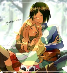 1boy 1girl black_hair black_thighhighs blonde_hair blue_jacket blush breasts calem_(pokemon) closed_eyes closed_mouth eyewear_on_headwear hat highres jacket long_hair long_sleeves nintendo pants pink_hat pokemon pokemon_xy rain_(tonight_862) red_hat red_skirt serena_(pokemon) shirt short_hair skirt sleeping sleeveless sleeveless_shirt sunglasses thighhighs white-framed_eyewear