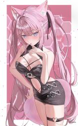 1girl absurdres animal_ears antenna_hair black_dress blush breasts cleavage closed_mouth clothing_cutout dress hakui_koyori hakui_koyori_(dark_maid) heart heart_o-ring highres hololive large_breasts long_hair looking_at_viewer navel o-ring o-ring_thigh_strap official_alternate_costume official_alternate_hairstyle pink_hair sleeveless sleeveless_dress smile solo stomach_cutout stteroo tail thigh_strap very_long_hair virtual_youtuber wolf_ears wolf_girl wolf_tail