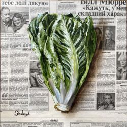 absurdres food food_focus highres julia_stankevych lettuce newspaper no_humans oil_painting_(medium) original painting_(medium) photo_(medium) realistic signature still_life traditional_media vegetable wall_of_text