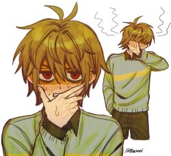 Rule 34 | 1other, alternate skin color, antenna hair, black pants, black shirt, blush, brown hair, collared shirt, commentary, deltarune, english commentary, green sweater, hand in pocket, hand on own face, highres, kris (deltarune), multiple views, muusumi, other focus, pants, red eyes, shirt, short hair, single horizontal stripe, striped clothes, striped sweater, sweat, sweater