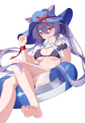 1girl absurdres barefoot cone_hair_bun diamond-shaped_pupils diamond_(shape) double_bun ederh feet foot_out_of_frame genshin_impact hair_bun hair_ears highres keqing_(genshin_impact) knee_up legs purple_eyes purple_hair soles swimsuit symbol-shaped_pupils toenails toes twintails