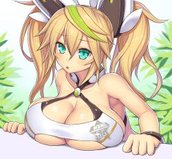 1girl :o aqua_eyes asamura_hiori bare_shoulders blonde_hair breast_rest breasts cleavage female_focus gene_(pso2) highres huge_breasts long_hair looking_at_viewer parted_lips phantasy_star phantasy_star_online_2 solo twintails
