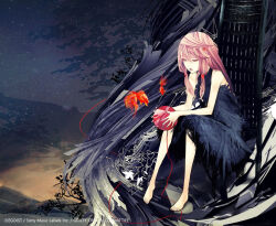 1girl album_cover bare_arms bare_legs bare_shoulders barefoot black_dress chair copyright_name cover dress egoist eyeliner fish fog full_body goldfish guilty_crown halter_dress halterneck holding_yarn long_hair looking_down low-tied_sidelocks makeup moon mountain night official_art on_chair open_mouth pink_eyeliner pink_eyes pink_hair redjuice sidelocks sitting sky solo star_(sky) starry_sky third-party_source tree yarn yarn_ball yuzuriha_inori
