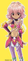 Rule 34 | .hack//, .hack//tasogare no udewa densetsu, 1girl, armor, bikini armor, dark-skinned female, dark skin, izumi rei, kunisaki rena, looking at viewer, navel, official art, pink eyes, pink hair, pink ribbon, ribbon, short hair, solo, tattoo