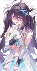 1girl @_@ absurdres ahoge azur_lane bare_shoulders blush breast_curtains breasts centaur_(azur_lane) centaur_(azur_lane)_(cosplay) commentary_request commission cosplay detached_sleeves dress embarrassed fang fingernails flower furrowed_brow gold_trim hair_between_eyes hair_flower hair_intakes hair_ornament halter_dress halterneck hand_on_own_chest hand_on_own_crotch hand_up head_steam highres jewelry large_breasts long_fingernails long_hair looking_at_viewer navel open_mouth pleated_skirt purple_eyes purple_hair purple_nails ring rubisco see-through_clothes simple_background skeb_commission skirt sleeveless sleeveless_dress solo standing stomach sweat tearing_up tongue trembling twintails two-tone_skirt underboob very_long_hair white_background white_dress white_skirt z11_(azur_lane)