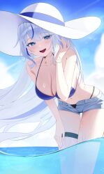 1girl absurdres aokumo_rin bare_shoulders bikini bikini_under_shorts blue_bikini blue_eyes blue_hair blue_sky blue_streaks blush breasts cleavage cloud collarbone day denim denim_shorts floating_hair g_godocbaek halterneck hand_in_own_hair hand_on_own_thigh hand_up hashtag-only_commentary hat highres large_breasts leaning_forward lens_flare long_hair looking_at_viewer mole mole_on_breast multicolored_hair navel ocean open_clothes open_fly open_mouth open_shorts partially_submerged short_shorts shorts sidelocks sky smile solo stellive stomach streaked_hair sun_hat swimsuit thigh_strap thighs very_long_hair virtual_youtuber wet white_hair white_hat